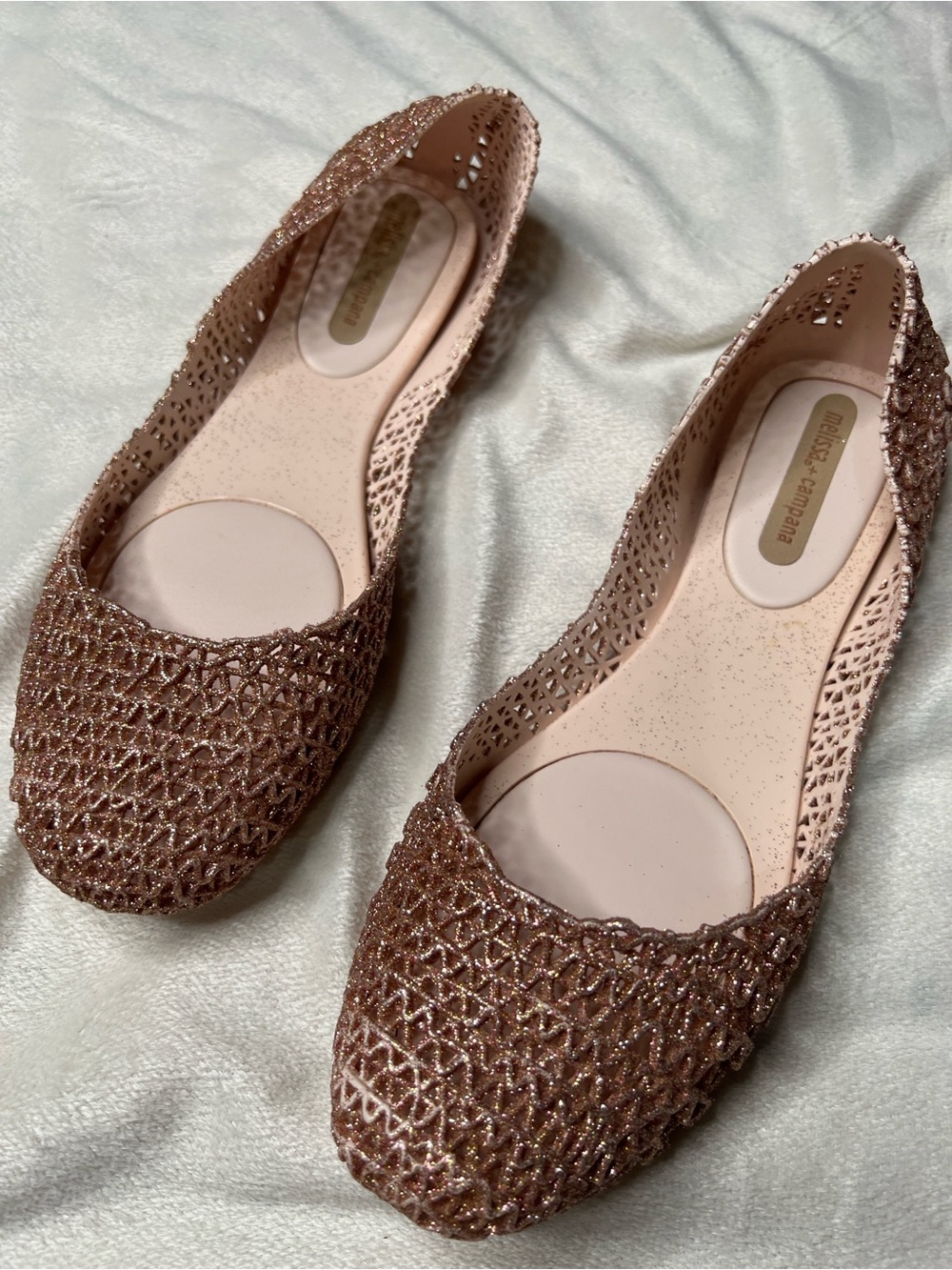 Melissa Campana Papel VII Ad flats in a shimmering rose gold glitter. Fairycore